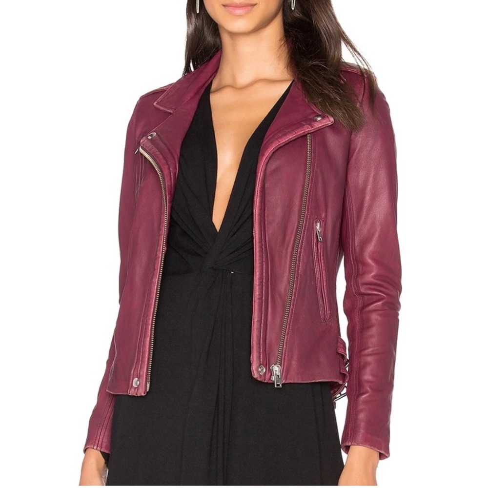 IRO Han Cropped Leather Moto Jacket Maroon - Size 40 (Approx M)| Paris Cool Girl